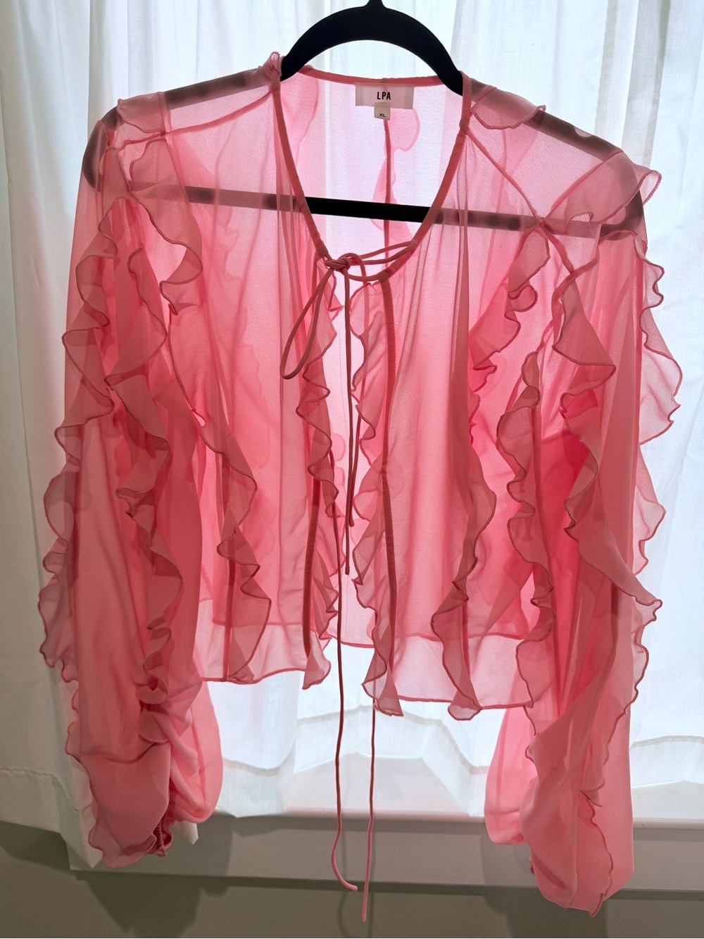 LPA Sheer Pink Ruffle Tie Blouse
